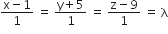 fraction numerator straight x minus 1 over denominator 1 end fraction space equals space fraction numerator straight y plus 5 over denominator 1 end fraction space equals space fraction numerator straight z minus 9 over denominator 1 end fraction space equals space straight lambda