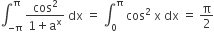 integral subscript negative straight pi end subscript superscript straight pi space fraction numerator cos squared over denominator 1 plus straight a to the power of straight x end fraction space dx space equals space integral subscript 0 superscript straight pi space cos squared space straight x space dx space equals space straight pi over 2