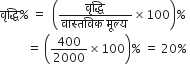 व ृ द ् ध ि percent sign space equals space space open parentheses fraction numerator व ृ द ् ध ि space over denominator व ा स ् तव ि क space म ू ल ् य space end fraction cross times 100 close parentheses percent sign
space space space space space space space space space equals space open parentheses 400 over 2000 cross times 100 close parentheses percent sign space equals space 20 percent sign space