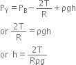 straight P subscript straight Y equals straight P subscript straight B minus fraction numerator 2 straight T over denominator straight R end fraction plus ρgh
or space fraction numerator 2 straight T over denominator straight R end fraction equals ρgh
or space space straight h equals fraction numerator 2 straight T over denominator Rρg end fraction