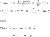 1 space km divided by hr space equals space fraction numerator 1 cross times 1000 over denominator 3600 end fraction space equals space 5 over 18 space straight m divided by straight s space
straight i. straight e. comma space 18 space km divided by hr space equals space 18 cross times 5 over 18 equals space 5 space straight m divided by straight s space

Now comma space

Distance space equals space speed space cross times space time space

space space space space space space space space space space space space space space space space space equals space 5 cross times 1 space equals space 5 space straight m