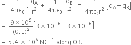 equals space fraction numerator 1 over denominator 4 πε subscript 0 end fraction. straight q subscript straight A over straight r squared plus fraction numerator 1 over denominator 4 πε subscript 0 end fraction straight q subscript straight B over straight r squared space equals fraction numerator 1 over denominator 4 πε subscript 0 straight r squared end fraction open square brackets straight q subscript straight A plus straight q subscript straight B close square brackets
equals space fraction numerator 9 cross times 10 to the power of 9 over denominator left parenthesis 0.1 right parenthesis squared end fraction open square brackets 3 cross times 10 to the power of negative 6 end exponent plus 3 cross times 10 to the power of negative 6 end exponent close square brackets
equals space 5.4 space cross times space 10 to the power of 6 space NC to the power of negative 1 end exponent space along space OB.