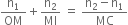 straight n subscript 1 over OM plus straight n subscript 2 over MI space equals space fraction numerator straight n subscript 2 minus straight n subscript 1 over denominator MC end fraction