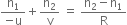 fraction numerator straight n subscript 1 over denominator negative straight u end fraction plus straight n subscript 2 over straight v space equals space fraction numerator straight n subscript 2 minus straight n subscript 1 over denominator straight R end fraction
