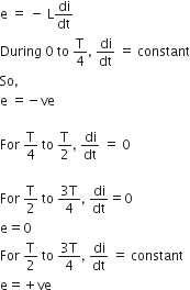 straight e space equals space minus space straight L di over dt
During space 0 space to space straight T over 4 comma space di over dt space equals space constant
So comma
straight e space equals negative ve

For space straight T over 4 space to space straight T over 2 comma space di over dt space equals space 0

For space straight T over 2 space to space fraction numerator 3 straight T over denominator 4 end fraction comma space di over dt equals 0
straight e equals 0
For space straight T over 2 space to space fraction numerator 3 straight T over denominator 4 end fraction comma space di over dt space equals space constant
straight e equals plus ve