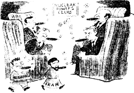 See the cartoon given below and answer the questions that follow:
(i) How do the big powers react when new countries claim nuclear status ?
(ii) On what basis can we say that some countries can be trusted with nuclear weapons while others can’t be ?