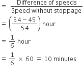 equals space space fraction numerator Difference space of space speeds over denominator Speed space without space stoppage end fraction
equals space open parentheses fraction numerator 54 minus 45 over denominator 54 end fraction close parentheses space hour
equals space 1 over 6 space hour
equals space 1 over 6 space cross times space 60 space equals space 10 space minutes
