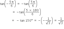 tan open parentheses negative fraction numerator 5 straight pi over denominator 6 end fraction close parentheses space equals space minus tan open parentheses fraction numerator 5 straight pi over denominator 6 end fraction close parentheses
space space space space space space space space space space space space space space space space equals space minus tan open parentheses fraction numerator 5 space cross times space 180 over denominator 6 end fraction close parentheses
space space space space space space space space space space space space space space space equals space space minus space tan space 150 degree space equals space minus open parentheses negative fraction numerator 1 over denominator square root of 3 end fraction close parentheses space equals space fraction numerator 1 over denominator square root of 3 end fraction
