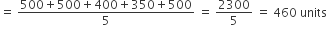 equals space fraction numerator 500 plus 500 plus 400 plus 350 plus 500 over denominator 5 end fraction space equals space 2300 over 5 space equals space 460 space units