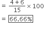 equals space fraction numerator 4 plus 6 over denominator 15 end fraction cross times 100
equals space box enclose 66.66 percent sign end enclose

