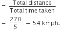 equals space fraction numerator Total space distance over denominator Total space time space taken end fraction
equals space 270 over 5 space equals space 54 space kmph.