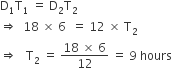 straight D subscript 1 straight T subscript 1 space equals space straight D subscript 2 straight T subscript 2
rightwards double arrow space space 18 space cross times space 6 space space equals space 12 space cross times space straight T subscript 2
rightwards double arrow space space space straight T subscript 2 space equals space fraction numerator 18 space cross times space 6 over denominator 12 end fraction space equals space 9 space hours