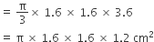 equals space straight pi over 3 cross times space 1.6 space cross times space 1.6 space cross times space 3.6
equals space straight pi space cross times space 1.6 space cross times space 1.6 space cross times space 1.2 space cm squared