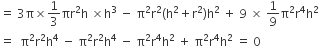 equals space 3 straight pi cross times 1 third πr squared straight h space cross times straight h cubed space minus space straight pi squared straight r squared left parenthesis straight h squared plus straight r squared right parenthesis straight h squared space plus space 9 space cross times space 1 over 9 straight pi squared straight r to the power of 4 straight h squared
equals space space straight pi squared straight r squared straight h to the power of 4 space minus space straight pi squared straight r squared straight h to the power of 4 space minus space straight pi squared straight r to the power of 4 straight h squared space plus space straight pi squared straight r to the power of 4 straight h squared space equals space 0