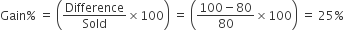 Gain percent sign space equals space open parentheses Difference over Sold cross times 100 close parentheses space equals space open parentheses fraction numerator 100 minus 80 over denominator 80 end fraction cross times 100 close parentheses space equals space 25 percent sign