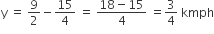 straight y space equals space 9 over 2 minus 15 over 4 space equals space fraction numerator 18 minus 15 over denominator 4 end fraction space equals 3 over 4 space kmph