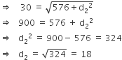 rightwards double arrow space space space space 30 space equals space square root of 576 plus straight d subscript 2 squared end root
rightwards double arrow space space space 900 space equals space 576 space plus space straight d subscript 2 squared
rightwards double arrow space space space straight d subscript 2 squared space equals space 900 minus space 576 space equals space 324
rightwards double arrow space space space straight d subscript 2 space equals space square root of 324 space equals space 18
