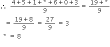 therefore space space fraction numerator 4 plus 5 plus 1 plus asterisk times plus 6 plus 0 plus 3 over denominator 9 end fraction equals space fraction numerator 19 plus asterisk times over denominator 9 end fraction
space space space equals space fraction numerator 19 plus 8 over denominator 9 end fraction space equals space 27 over 9 space equals space 3
space space asterisk times space equals space 8
