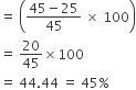 equals space open parentheses fraction numerator 45 minus 25 over denominator 45 end fraction space cross times space 100 close parentheses
equals space 20 over 45 cross times 100
equals space 44.44 space equals space 45 percent sign