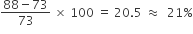 fraction numerator 88 minus 73 over denominator 73 end fraction space cross times space 100 space equals space 20.5 space almost equal to space space 21 percent sign