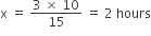 straight x space equals space fraction numerator 3 space cross times space 10 over denominator 15 end fraction space equals space 2 space hours