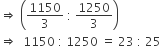 rightwards double arrow space open parentheses 1150 over 3 space colon space 1250 over 3 close parentheses
rightwards double arrow space space 1150 space colon space 1250 space equals space 23 space colon space 25