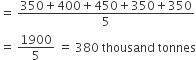 equals space fraction numerator 350 plus 400 plus 450 plus 350 plus 350 over denominator 5 end fraction
equals space 1900 over 5 space equals space 380 space thousand space tonnes