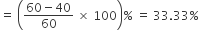 equals space open parentheses fraction numerator 60 minus 40 over denominator 60 end fraction space cross times space 100 close parentheses percent sign space equals space 33.33 percent sign