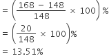 equals space open parentheses fraction numerator 168 space minus space 148 over denominator 148 end fraction space cross times space 100 close parentheses space percent sign
equals space open parentheses 20 over 148 space cross times space 100 close parentheses percent sign
equals space 13.51 percent sign