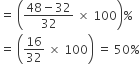 equals space open parentheses fraction numerator 48 minus 32 over denominator 32 end fraction space cross times space 100 close parentheses percent sign
equals space open parentheses 16 over 32 space cross times space 100 close parentheses space equals space 50 percent sign