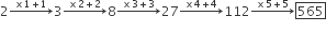 2 rightwards arrow with cross times 1 plus 1 on top 3 rightwards arrow with cross times 2 plus 2 on top 8 rightwards arrow with cross times 3 plus 3 on top 27 rightwards arrow with cross times 4 plus 4 on top 112 rightwards arrow with cross times 5 plus 5 on top box enclose 565