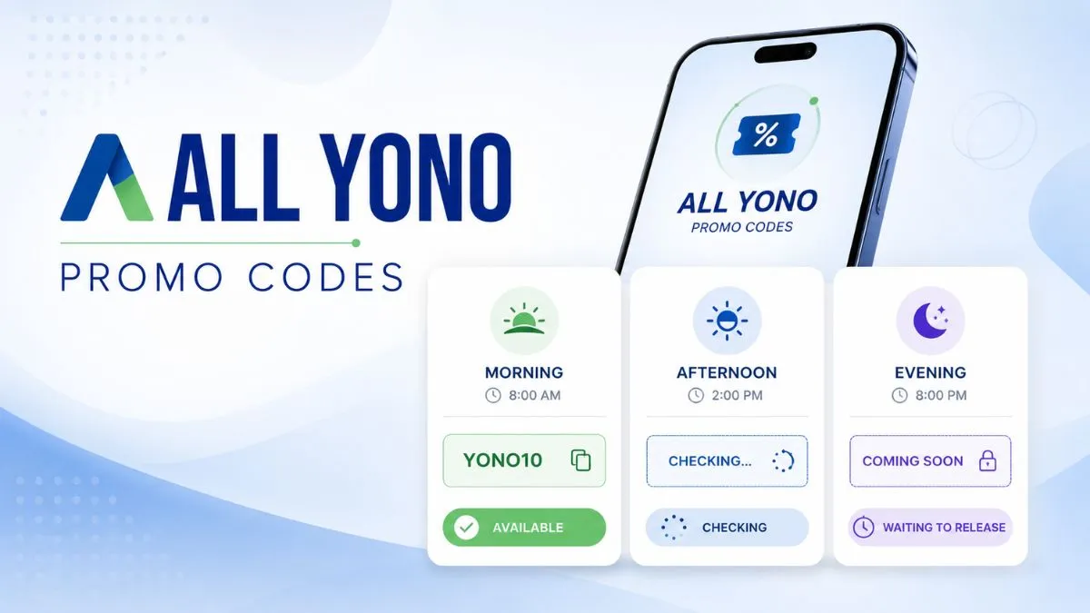 All Yono promo code update concept showing morning, afternoon, and evening status cards
