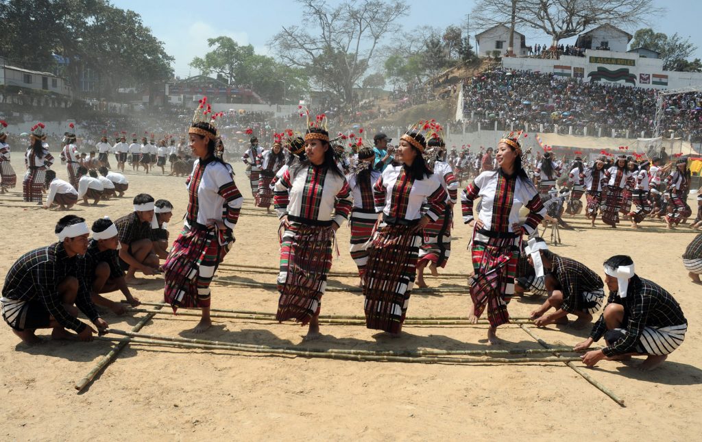 Mizoram is celebrating Chapchar Kut-2010 festival the biggest festival of the state after the Jhumming Cultivation, this year festival is most importance because of the participation of more than 15 thousand artists, picture shows the performance of Cheraw Kanpui one of the most popular dance in the line of Gunnies Book of world record at Aizawl on March 11, 2010.